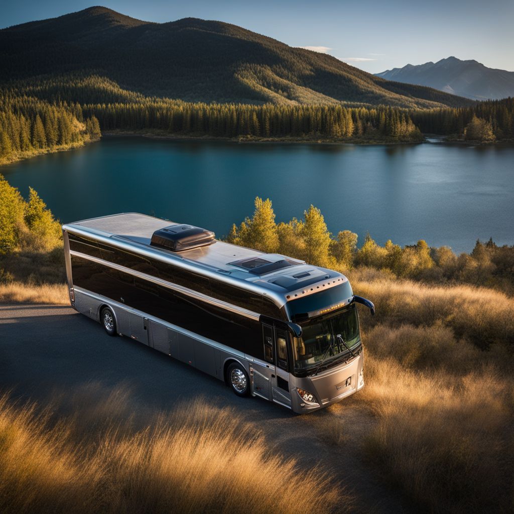 Keith Urban's tour bus parked in front of a beautiful mountain range.