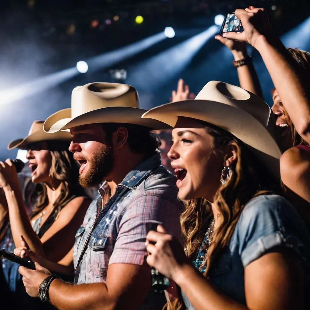 A group of fans wearing cowboy hats singing along at <a href=