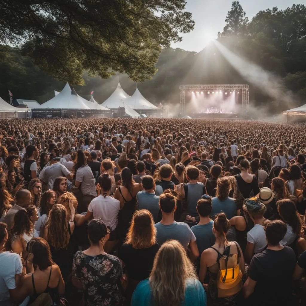 A crowd of fans at a summer music festival, enjoying outdoor concert.