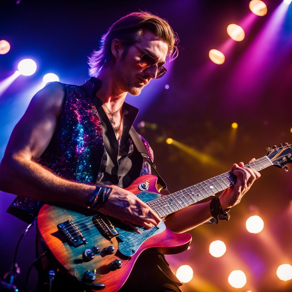 A passionate guitarist performing on a vibrant concert stage.