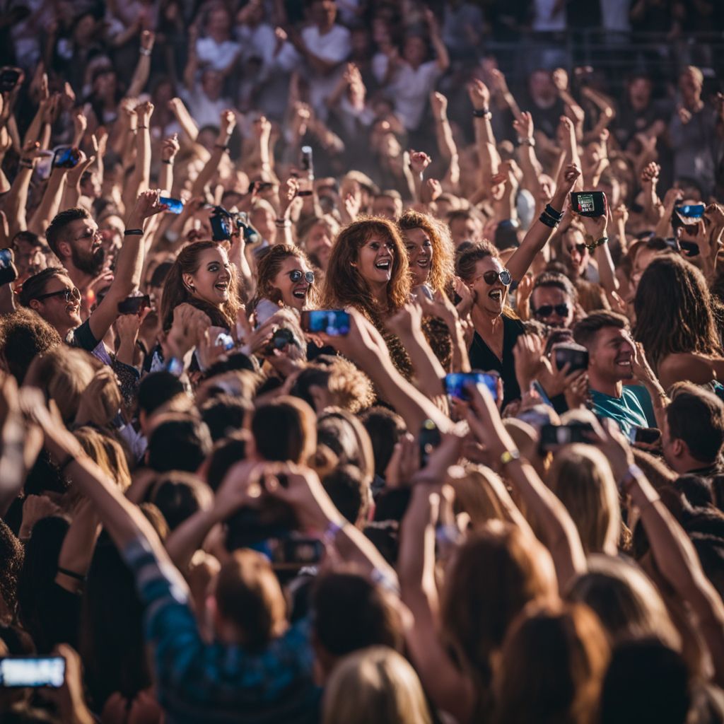 Fans cheer and wave hands at a live concert, creating a bustling atmosphere.