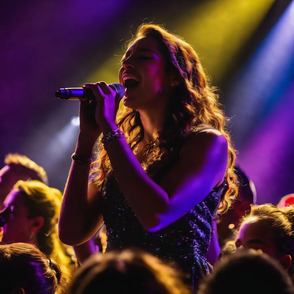 A diverse crowd singing along at a concert under colorful lights.