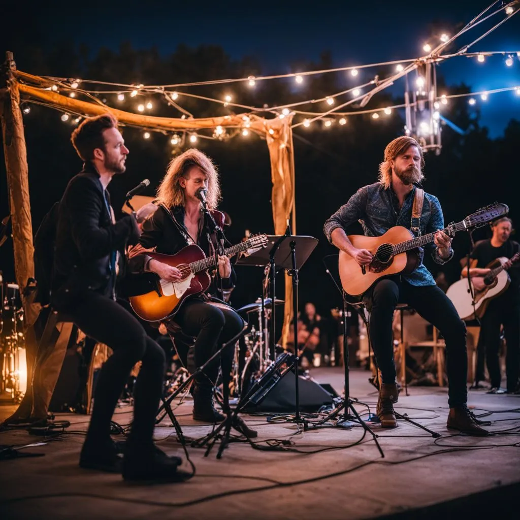 Three musicians performing at a nighttime outdoor music festival.