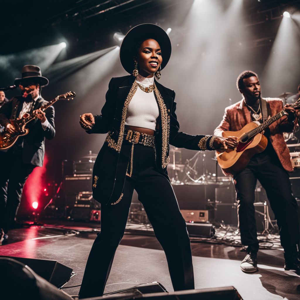 Lauryn Hill performing with her band at a concert.