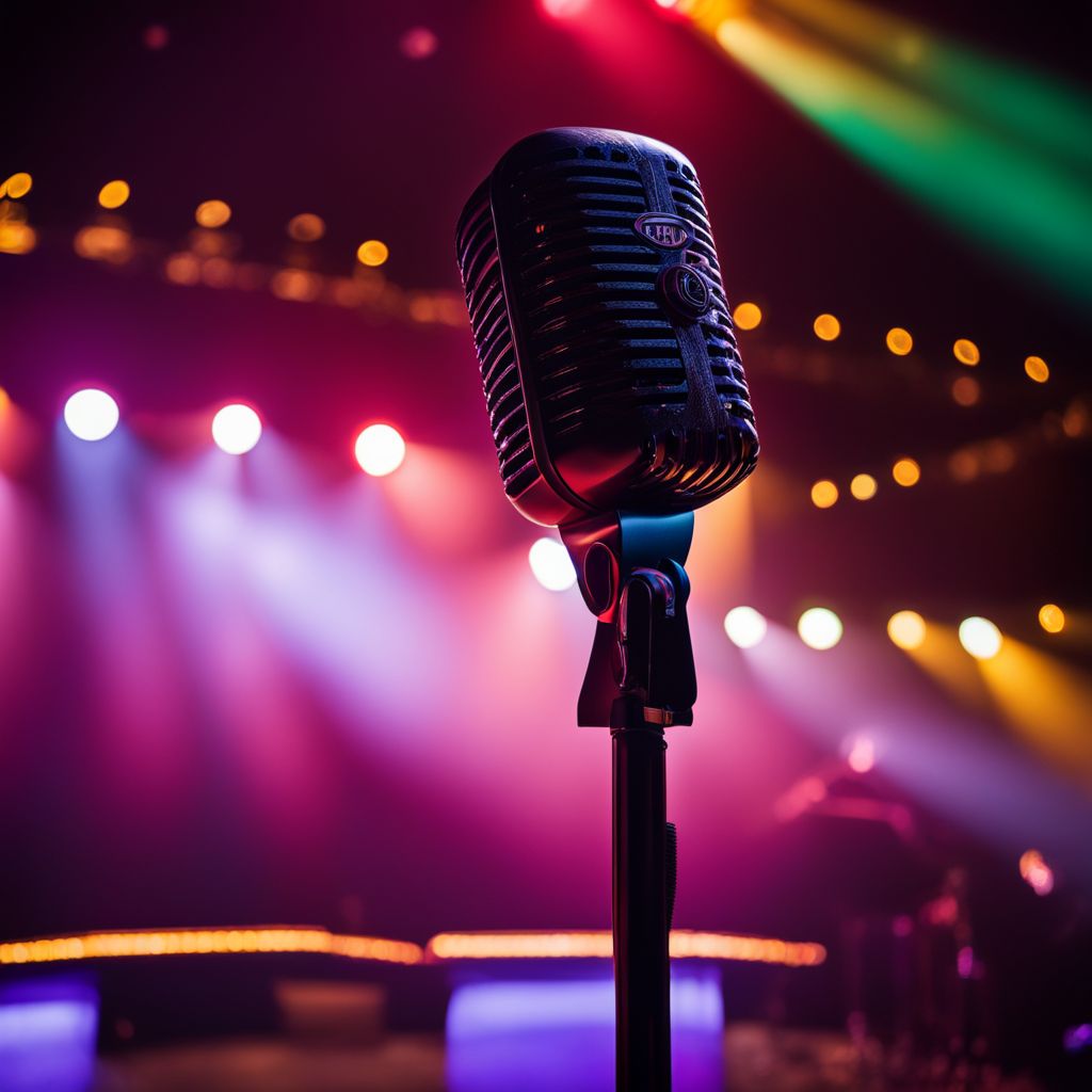 A vintage microphone on stage with diverse performers and vibrant spotlights.