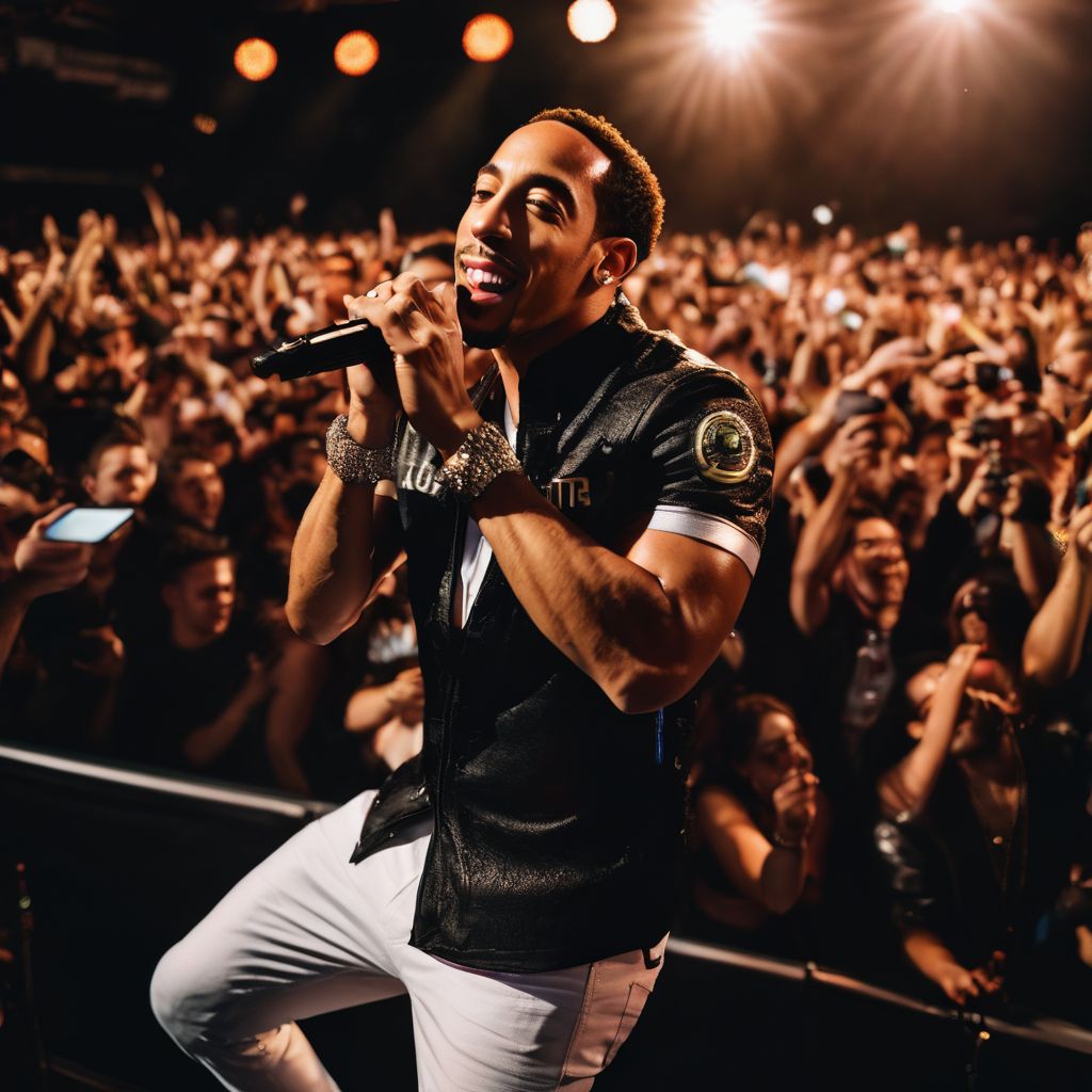 Ludacris energizing a large, diverse crowd at a concert.