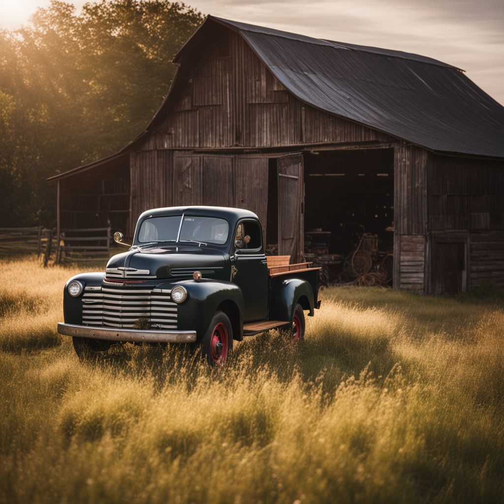 An old rustic barn in a countryside field with a vintage truck.