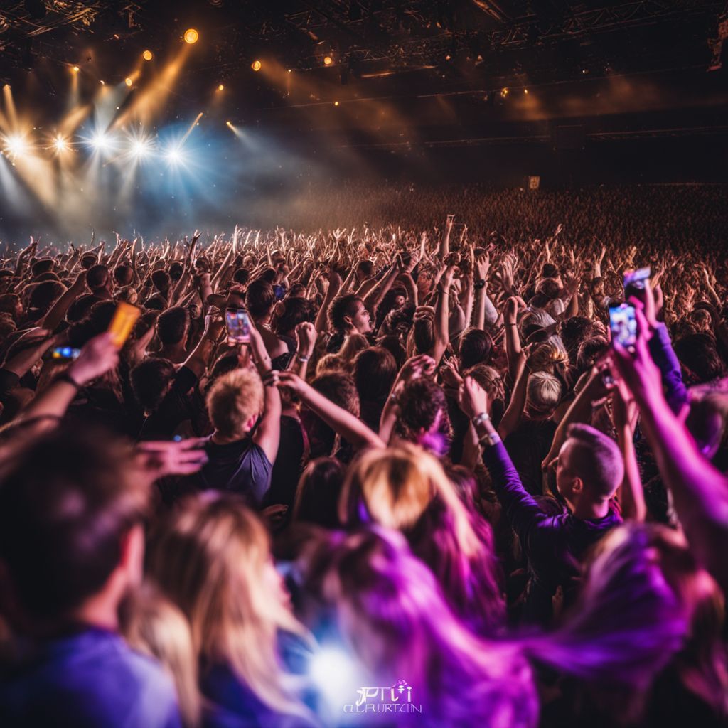 A crowd of diverse fans cheering at a concert venue.