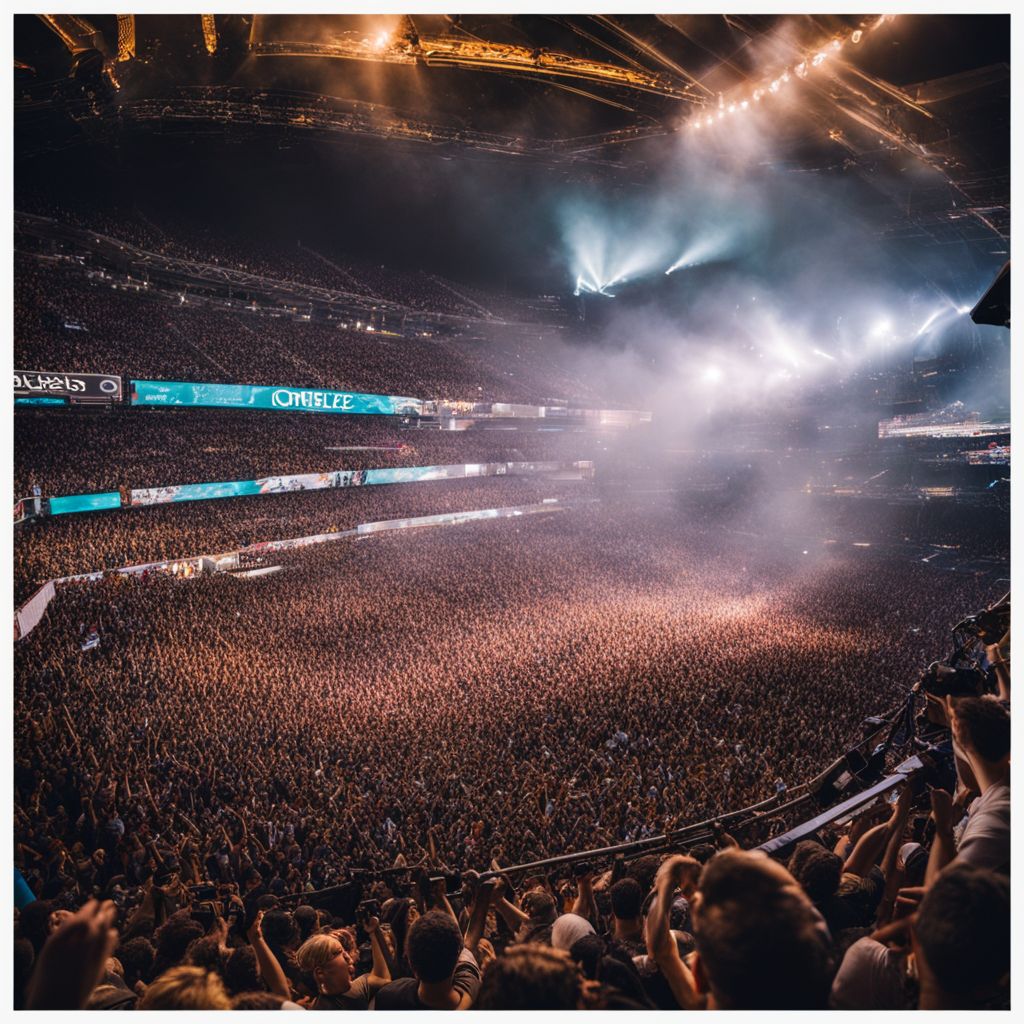 A packed stadium with enthusiastic fans cheering Ludacris's electrifying performance.