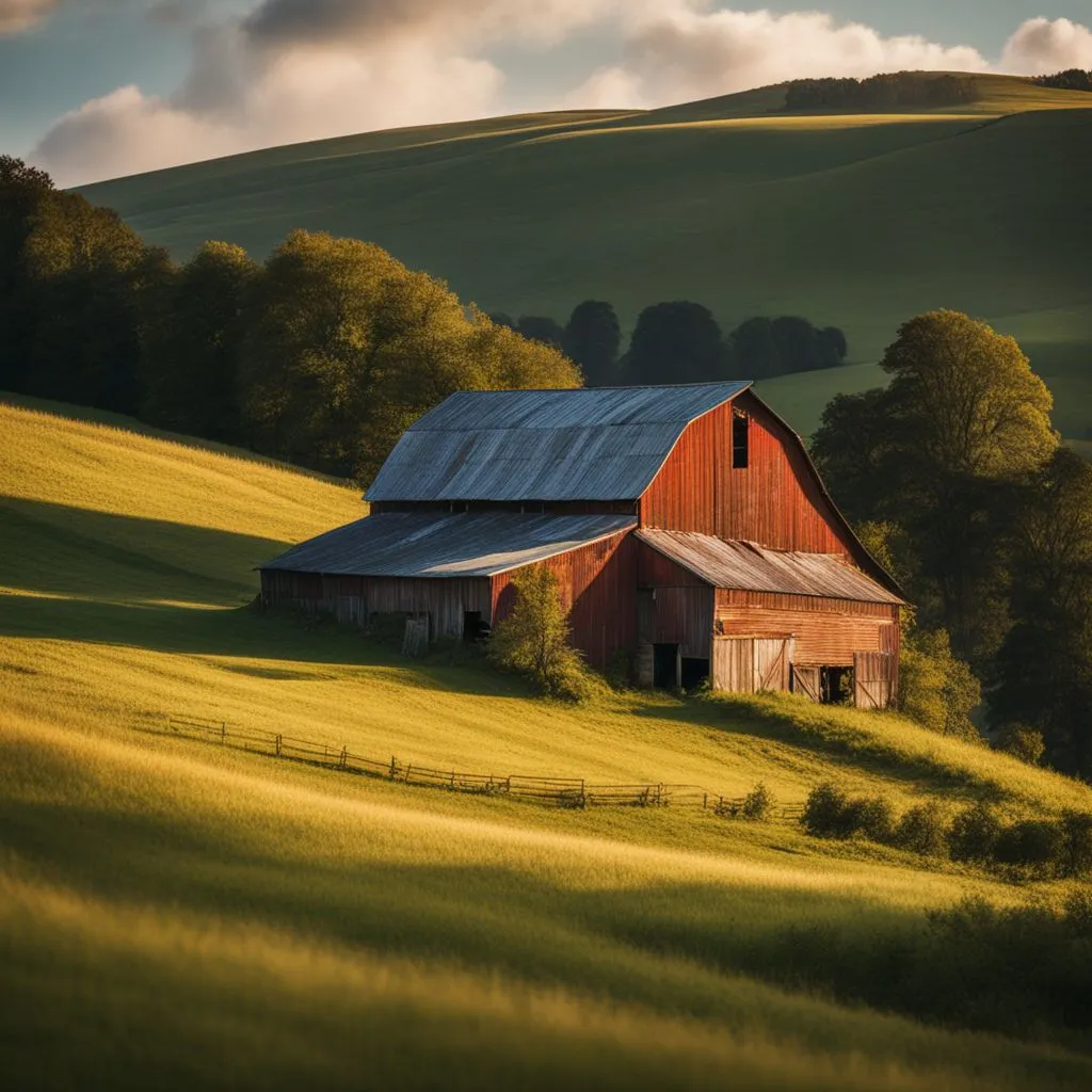 A photo of an old barn in a rural countryside with diverse people.