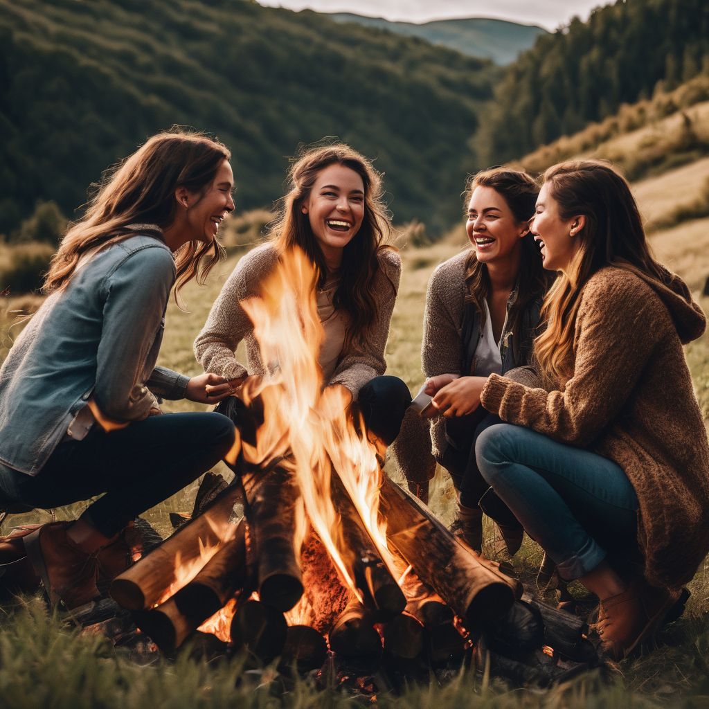 A diverse group of friends enjoying a bonfire in a rural setting.