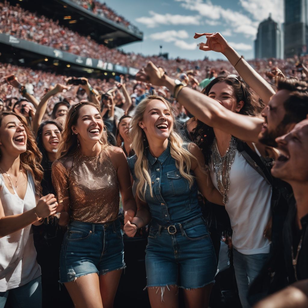 A group of diverse fans cheer and laugh at a live performance.