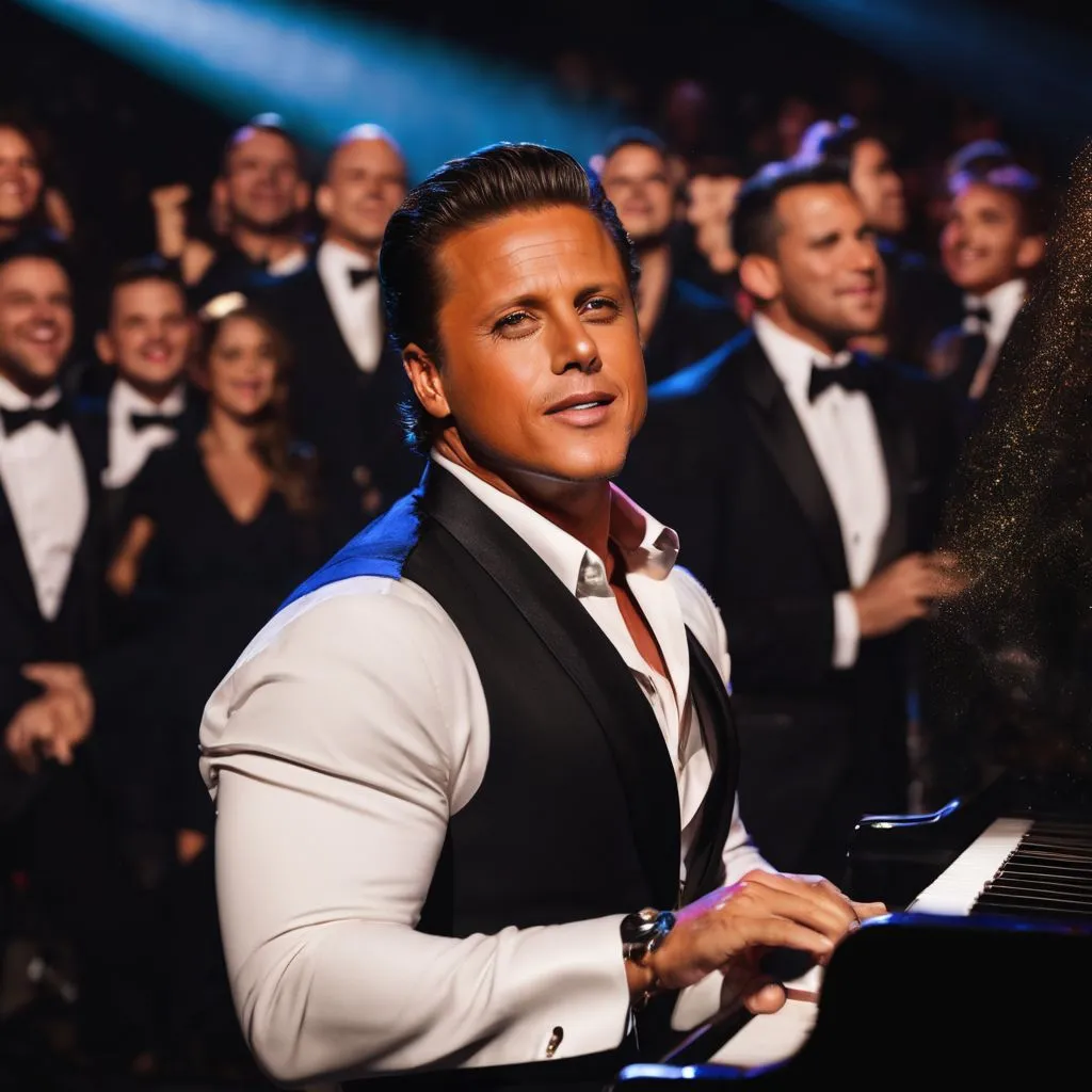 Luis Miguel performing in a vibrant concert venue with a lively crowd.
