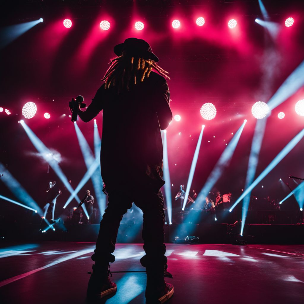 Lil Wayne performs on stage in front of a diverse crowd.