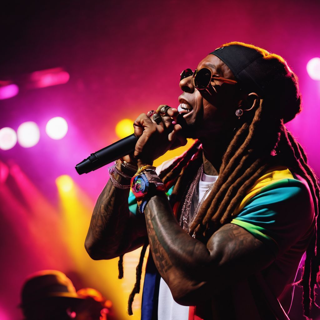A stage set with Lil Wayne's iconic microphone surrounded by vibrant neon lights and a bustling atmosphere.