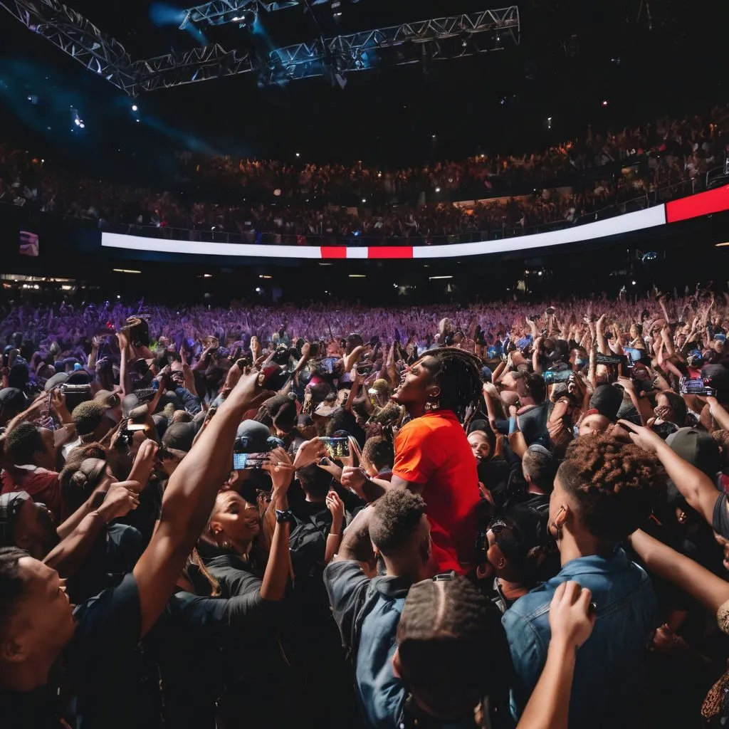 A crowd of fans cheering as Lil TJay performs on stage.