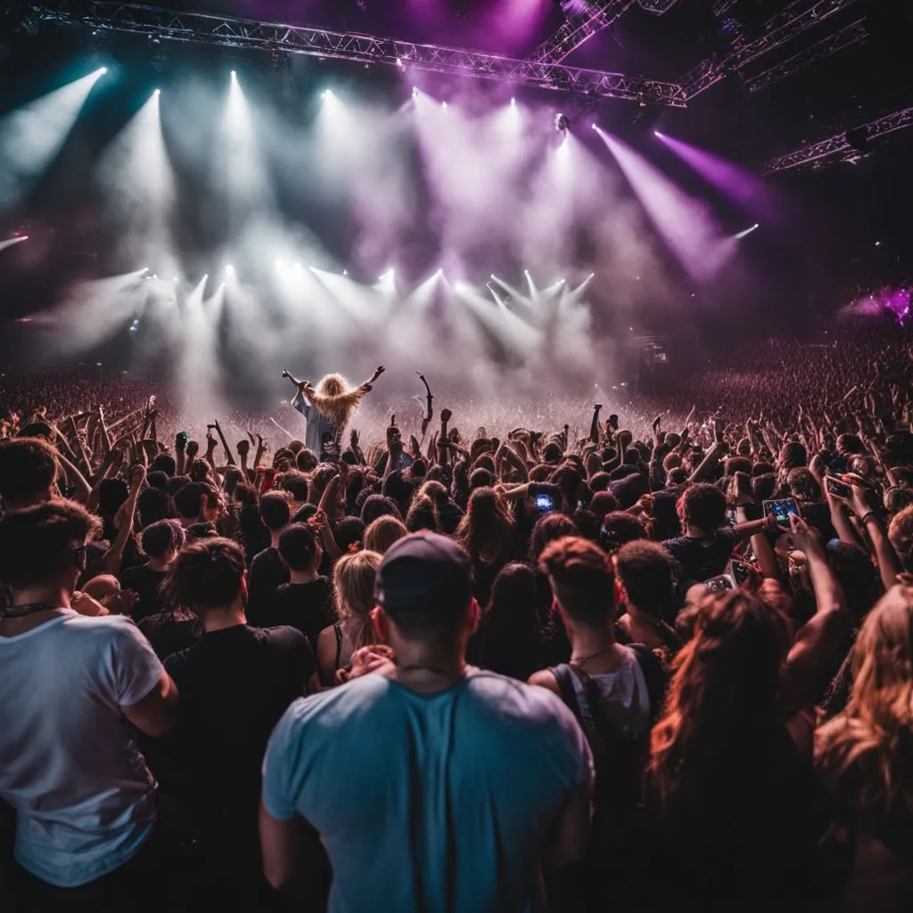 A lively concert with a diverse crowd and energetic atmosphere.