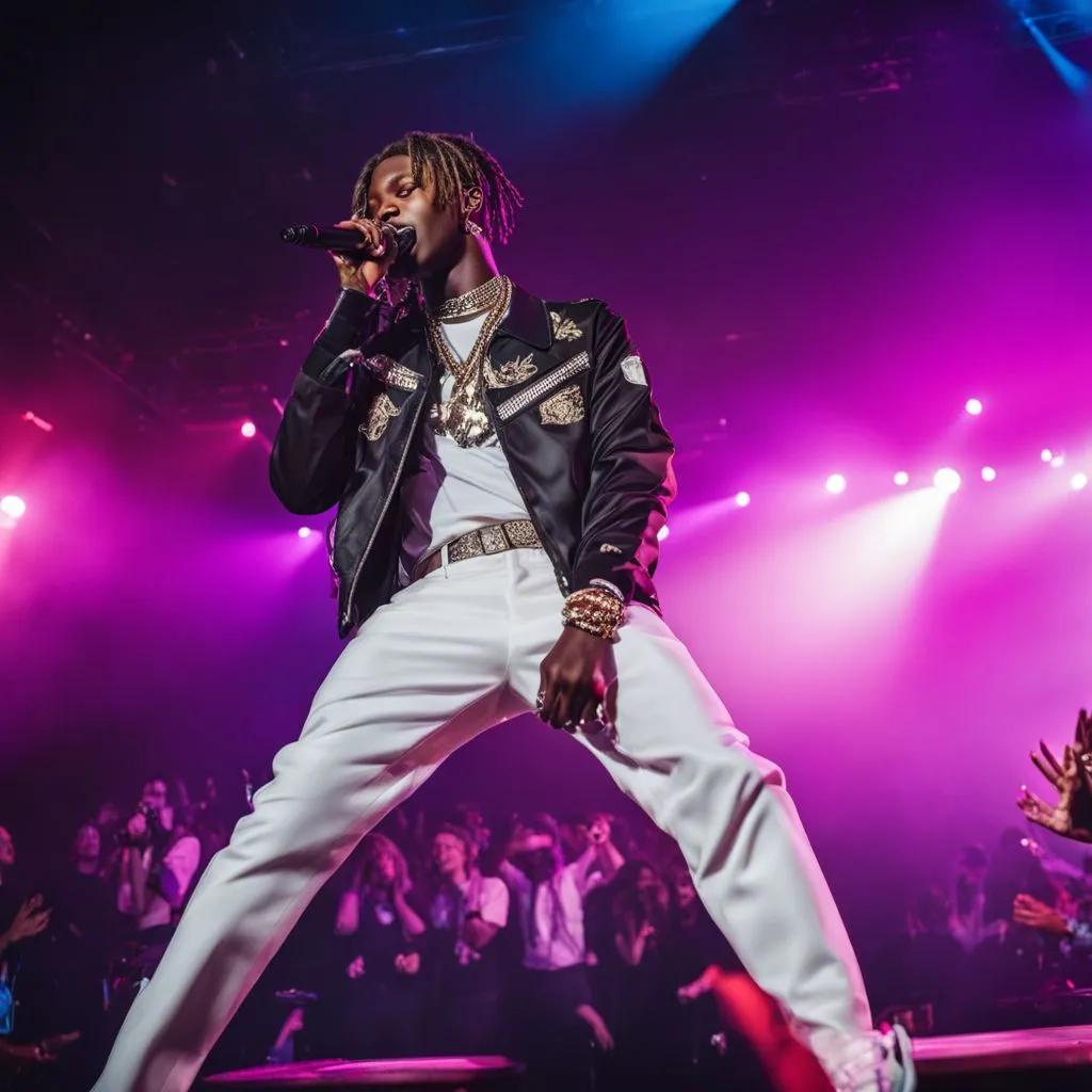 Lil TJay performing on stage in front of a cheering crowd.