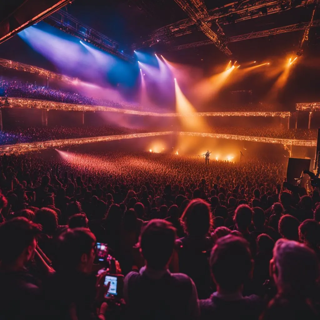 A crowded concert with diverse audience and vibrant stage lights.