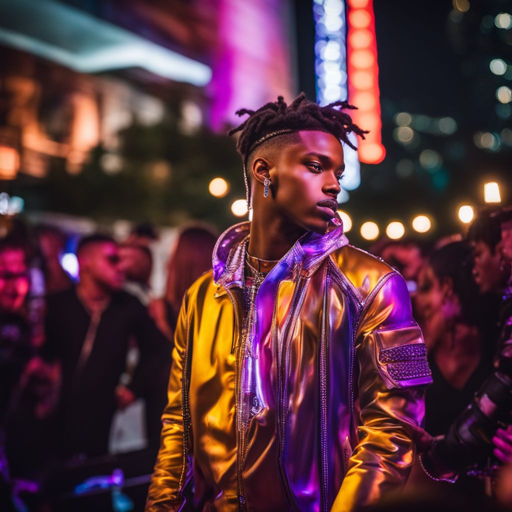 Lil TJay performing in a bustling city under city lights.