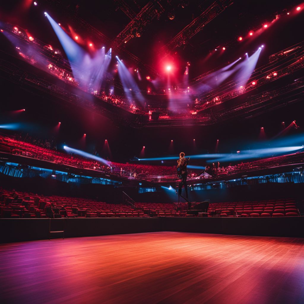 A lively concert stage with diverse audience and bustling atmosphere.