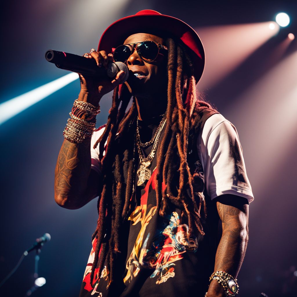 Lil Wayne performing at a packed concert venue with detailed close-up shots.
