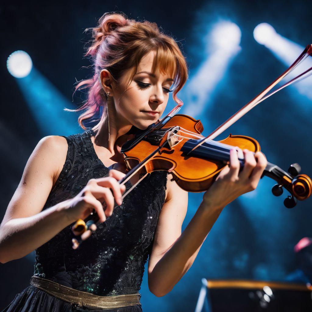 Lindsey Stirling performing with electric violin in front of mesmerized fans.