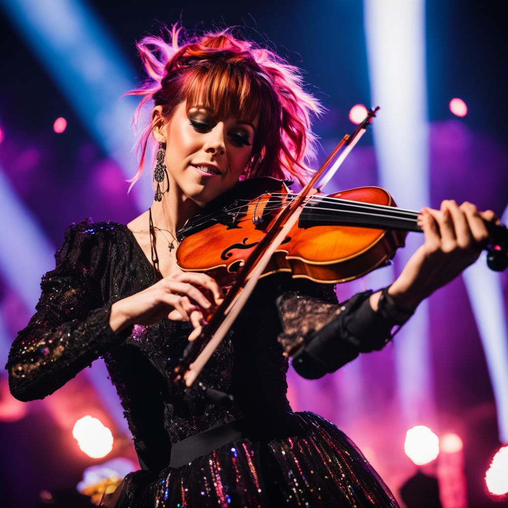 Lindsey Stirling performing on a grand stage with colorful lights.