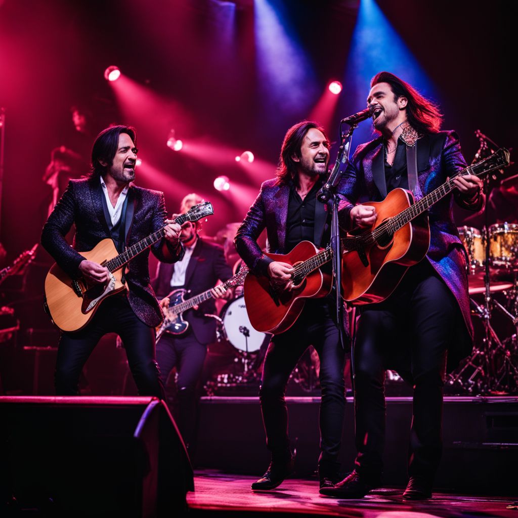 A dynamic concert performance by Los Temerarios with a diverse audience.