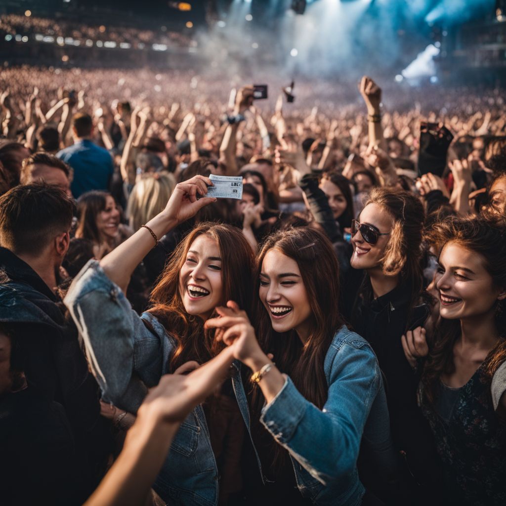 A crowd of fans holding up tickets at a concert.