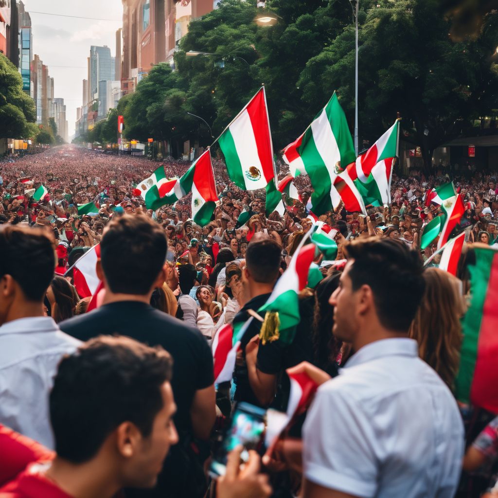 A lively concert crowd waving Mexican flags in a bustling atmosphere.