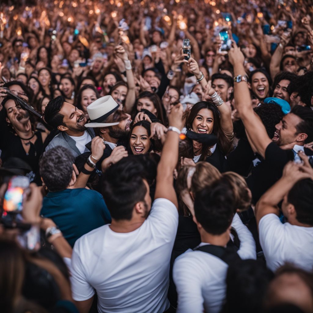 A lively crowd cheering at a Los Temerarios concert.