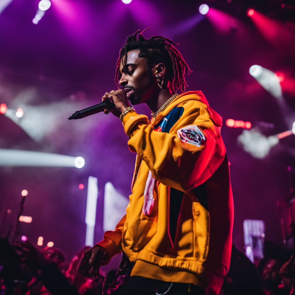 Playboi Carti performing in a packed stadium with diverse audience.
