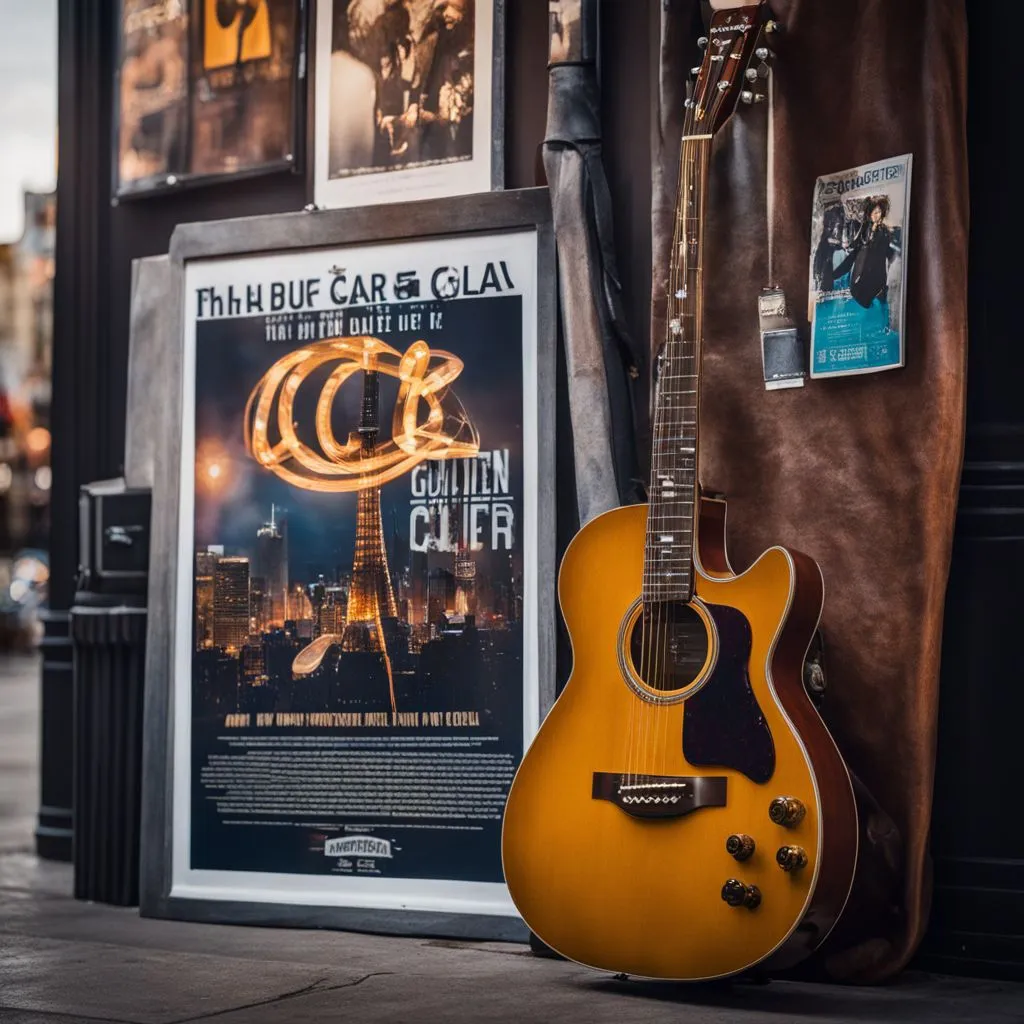 A vintage guitar leaning against a classic rock tour poster in a bustling atmosphere.