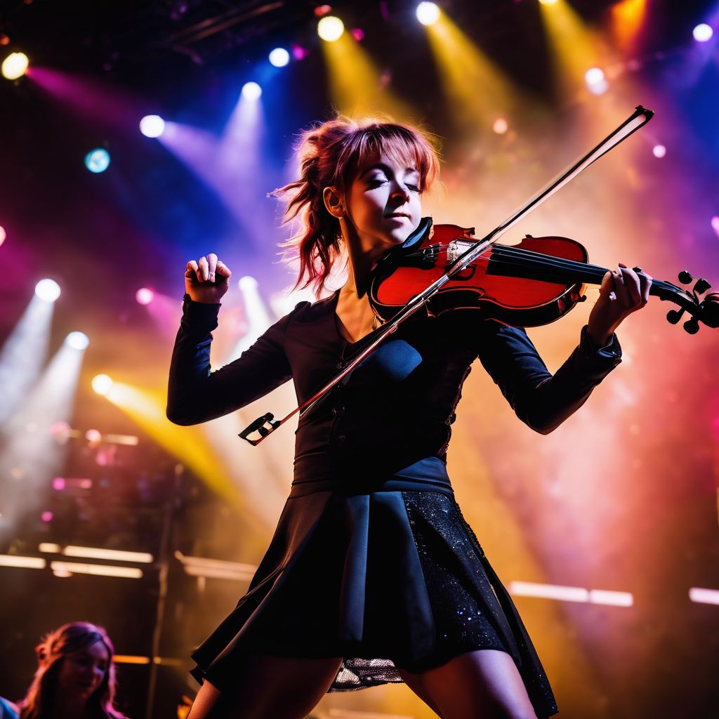 Lindsey Stirling performing on stage in various outfits and poses.
