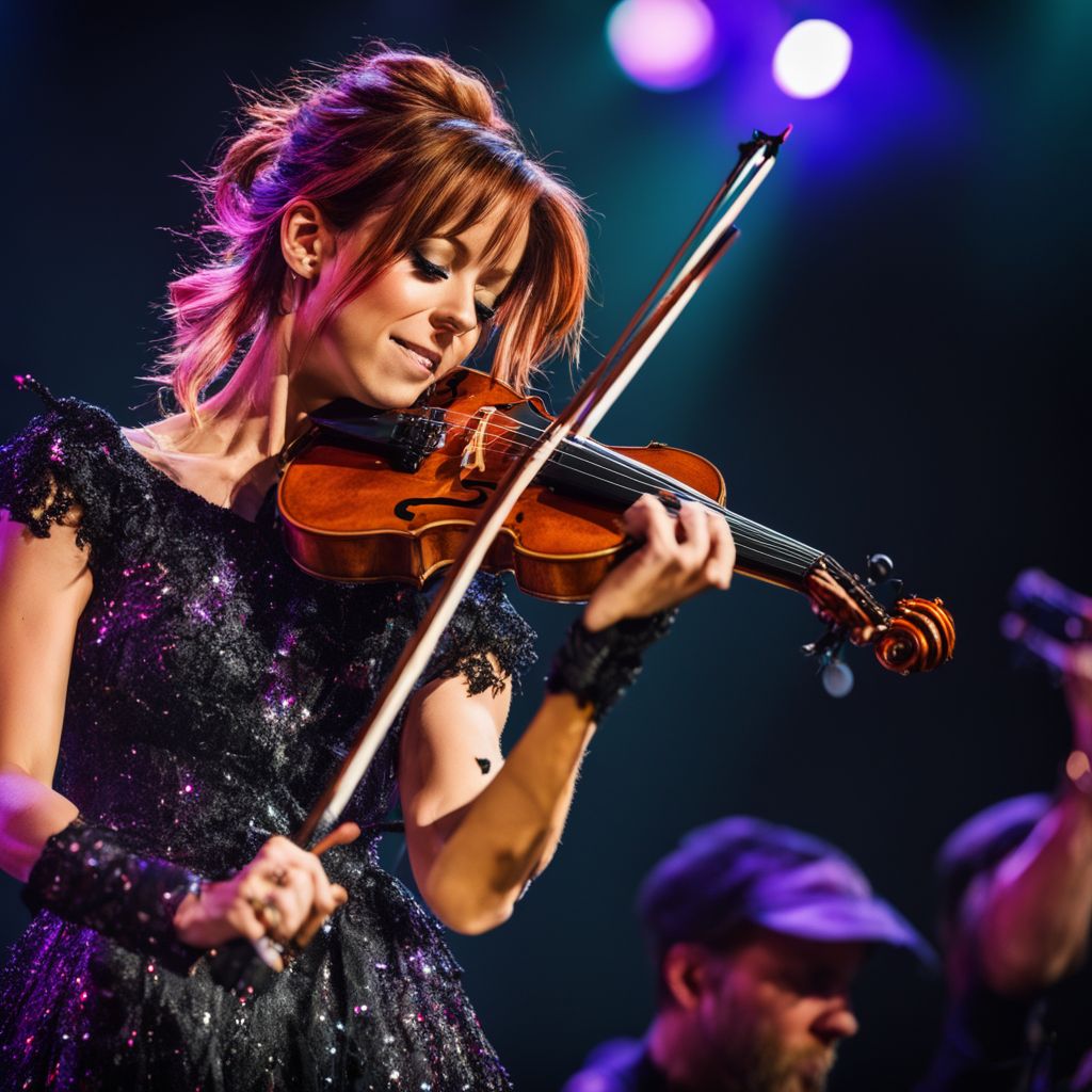 Lindsey Stirling performing on a vibrant stage with an energetic crowd.