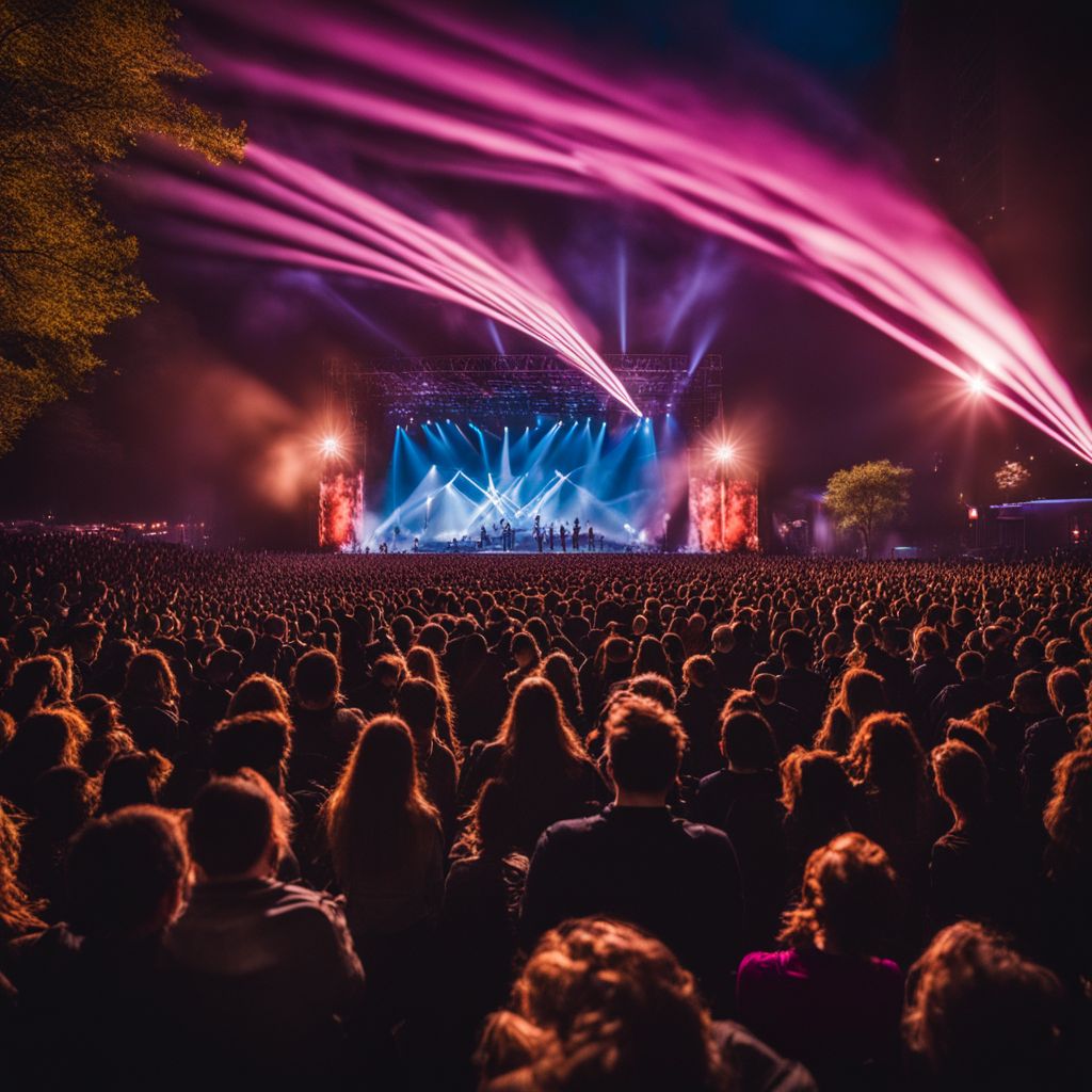 A diverse crowd enjoying a Lindsey Stirling concert in a bustling atmosphere.