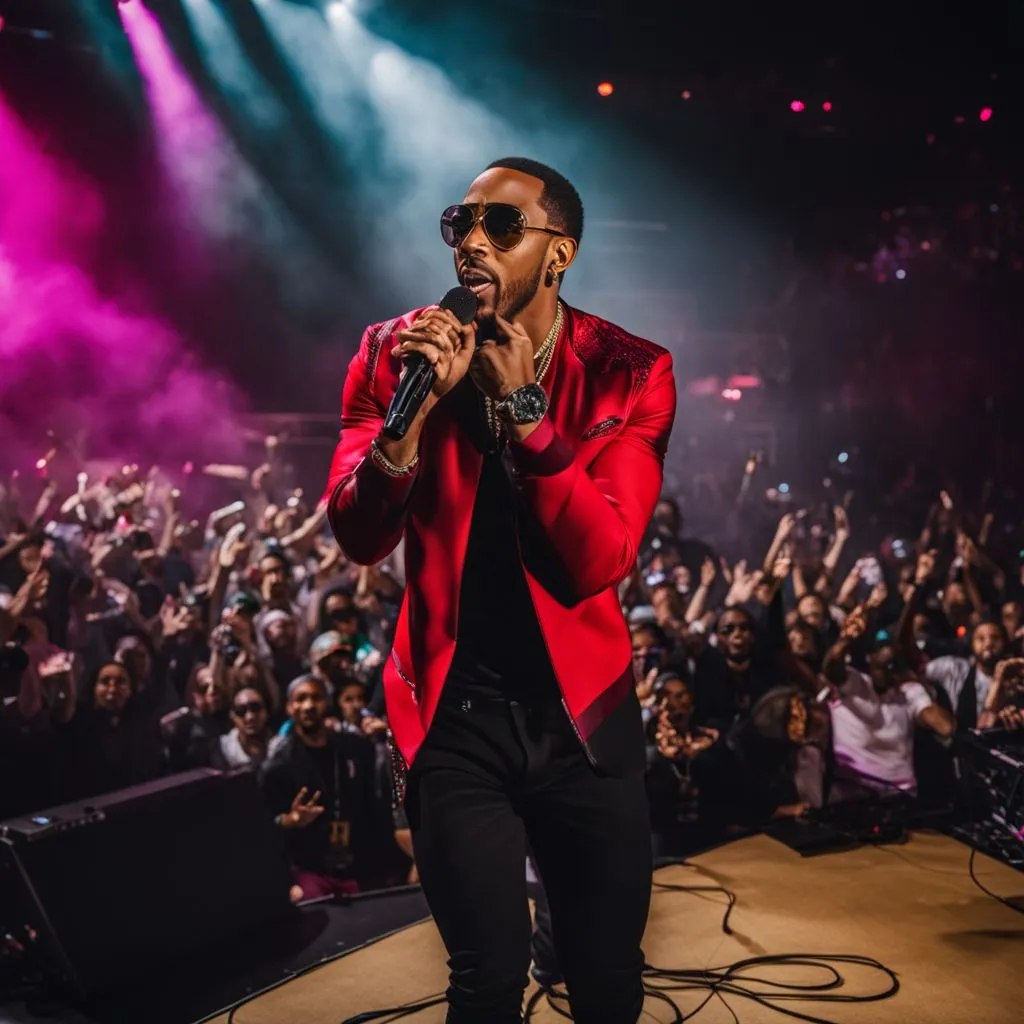 Ludacris performing in a vibrant concert venue with a packed crowd.