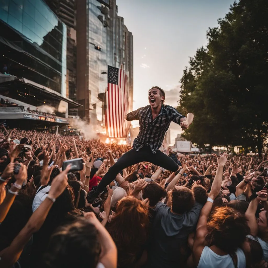 A crowd cheering at a Ludacris concert in a bustling atmosphere.