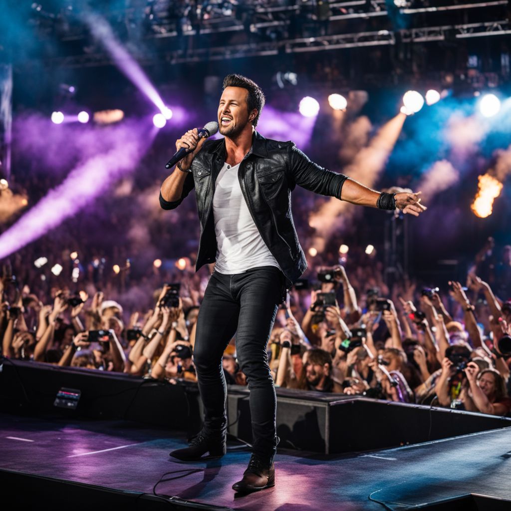 Luke Bryan performing at a country music festival with a lively crowd.