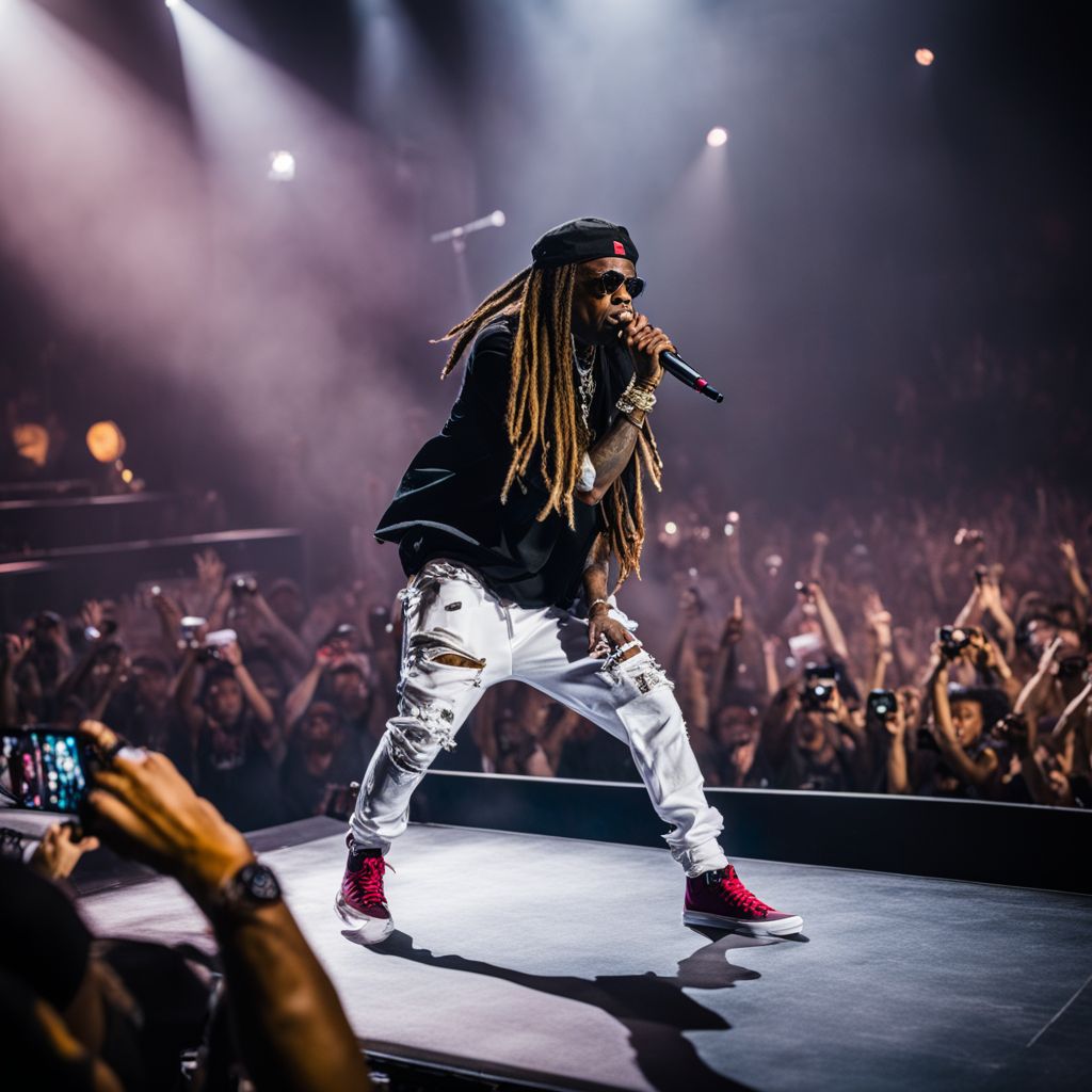 Lil Wayne performing on stage in front of an energetic crowd.