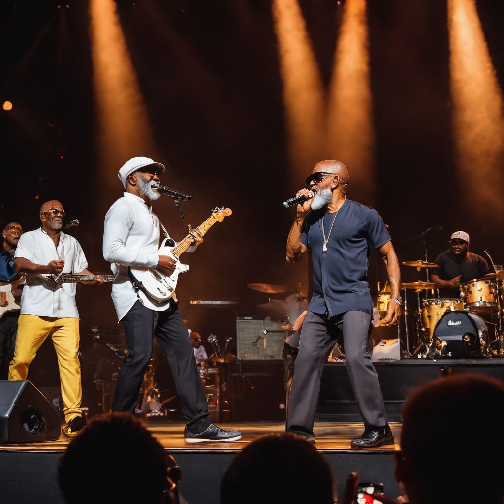 Maze and Frankie Beverly performing live on stage with an enthralled crowd.