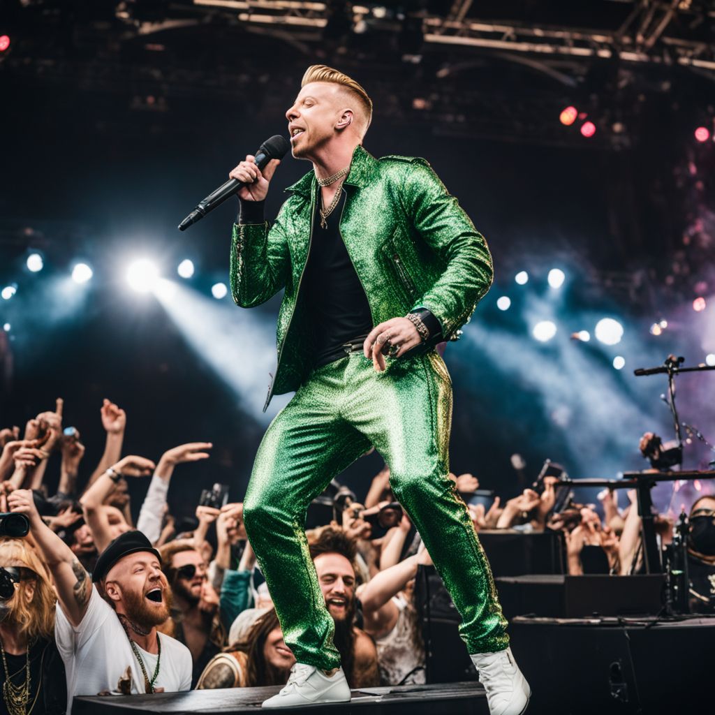 Macklemore performing at a music festival in a bustling atmosphere.