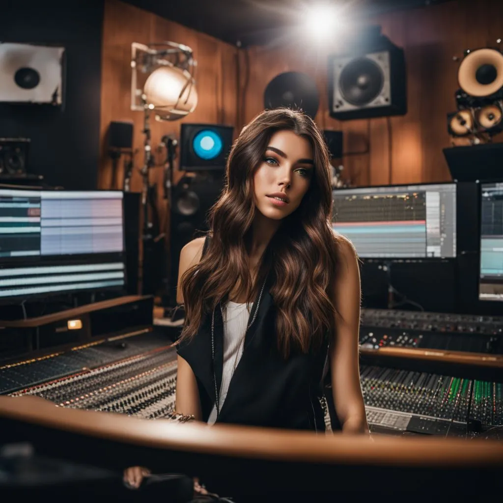 Madison Beer in a recording studio surrounded by musical instruments.