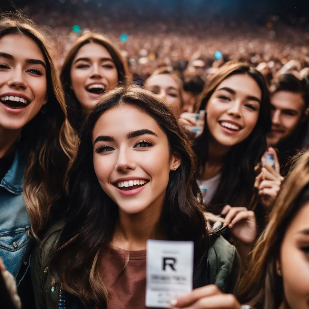 A group of ecstatic fans holding Madison Beer concert tickets in a packed arena.