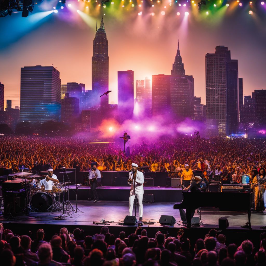 Maze and Frankie Beverly performing live with vibrant city backdrop.