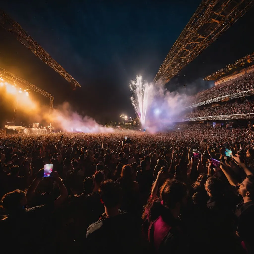 Fans holding up cellphone flashlights at a Maná concert, surrounded by a sea of ecstatic faces.