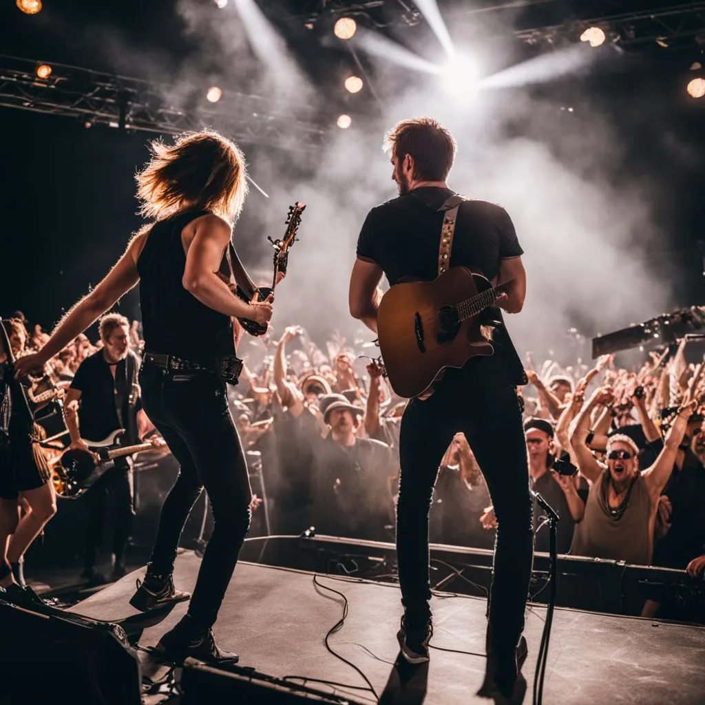 A band performing on stage at a music festival with a cheering crowd.