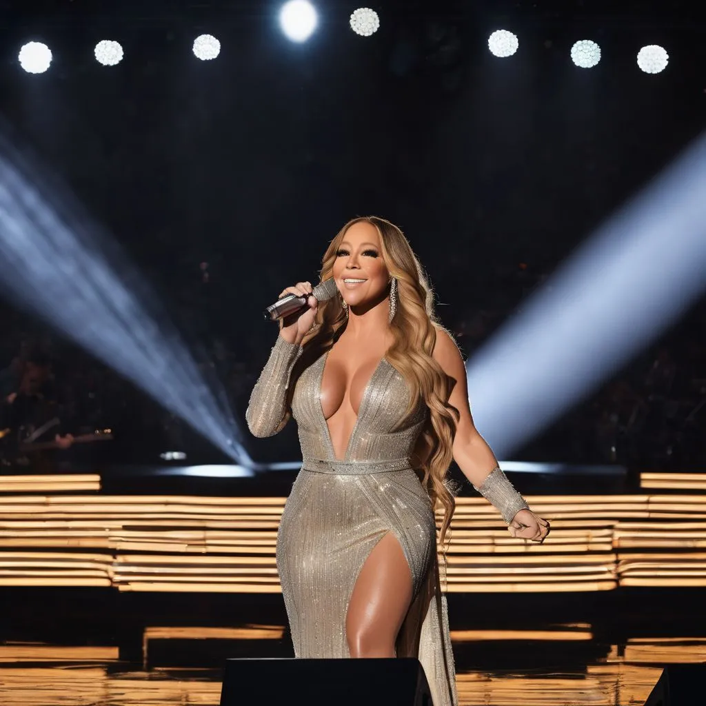 A grand stage setup with Mariah Carey’s microphone, cityscape photography, and diverse people.