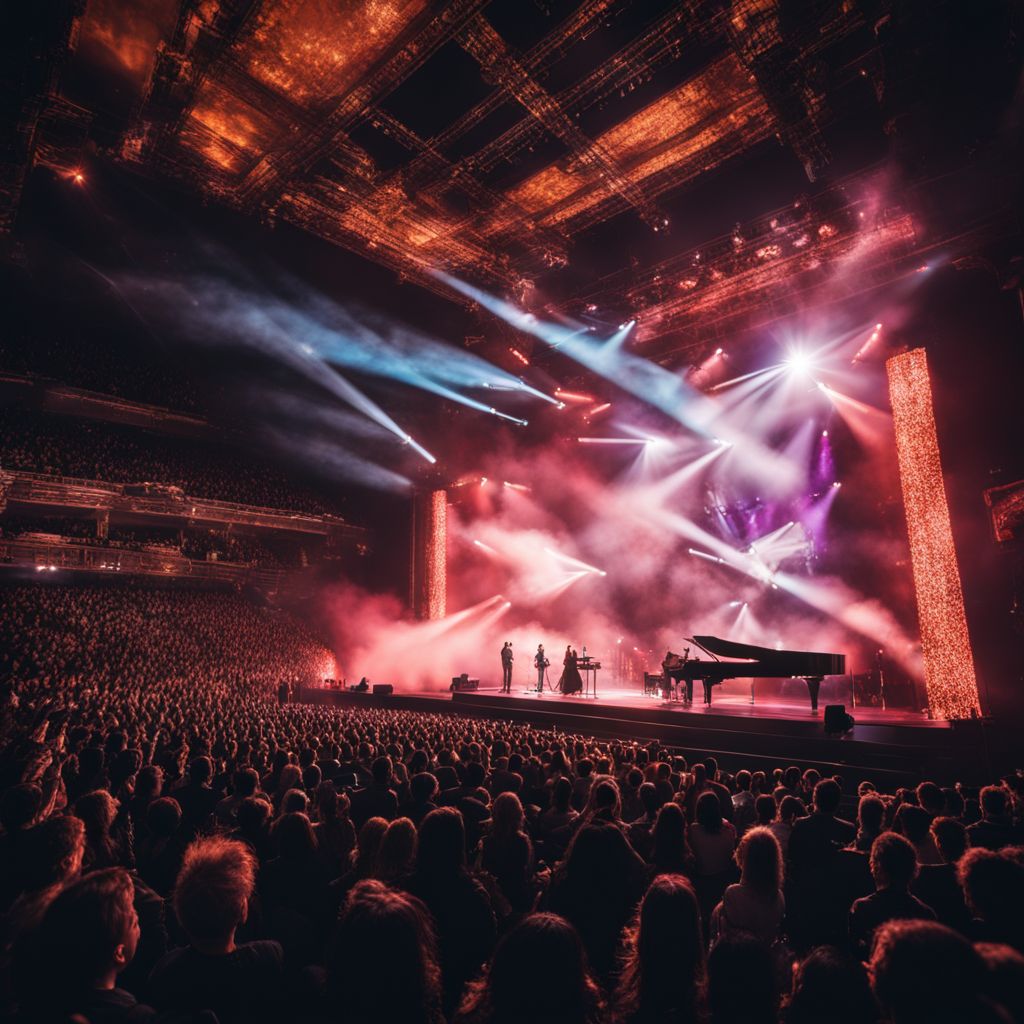 A grand concert stage with a mesmerized audience in a bustling atmosphere.
